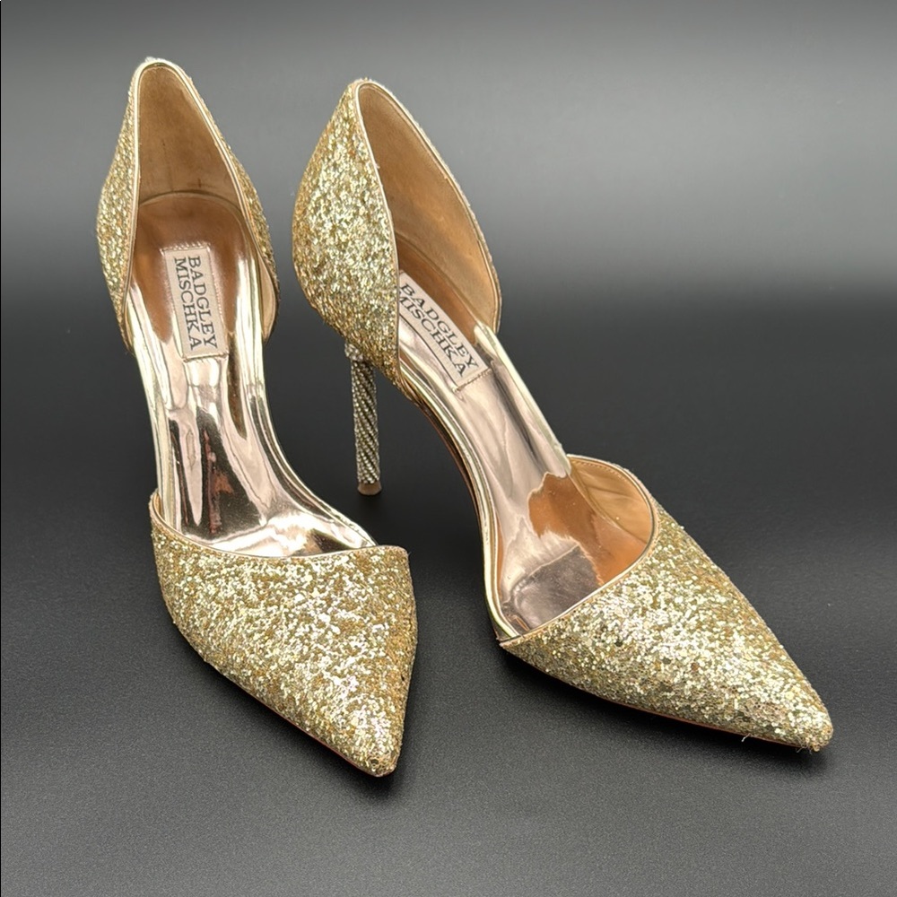Badgley Mischka Gold Glitter Heels with Pointed Toe